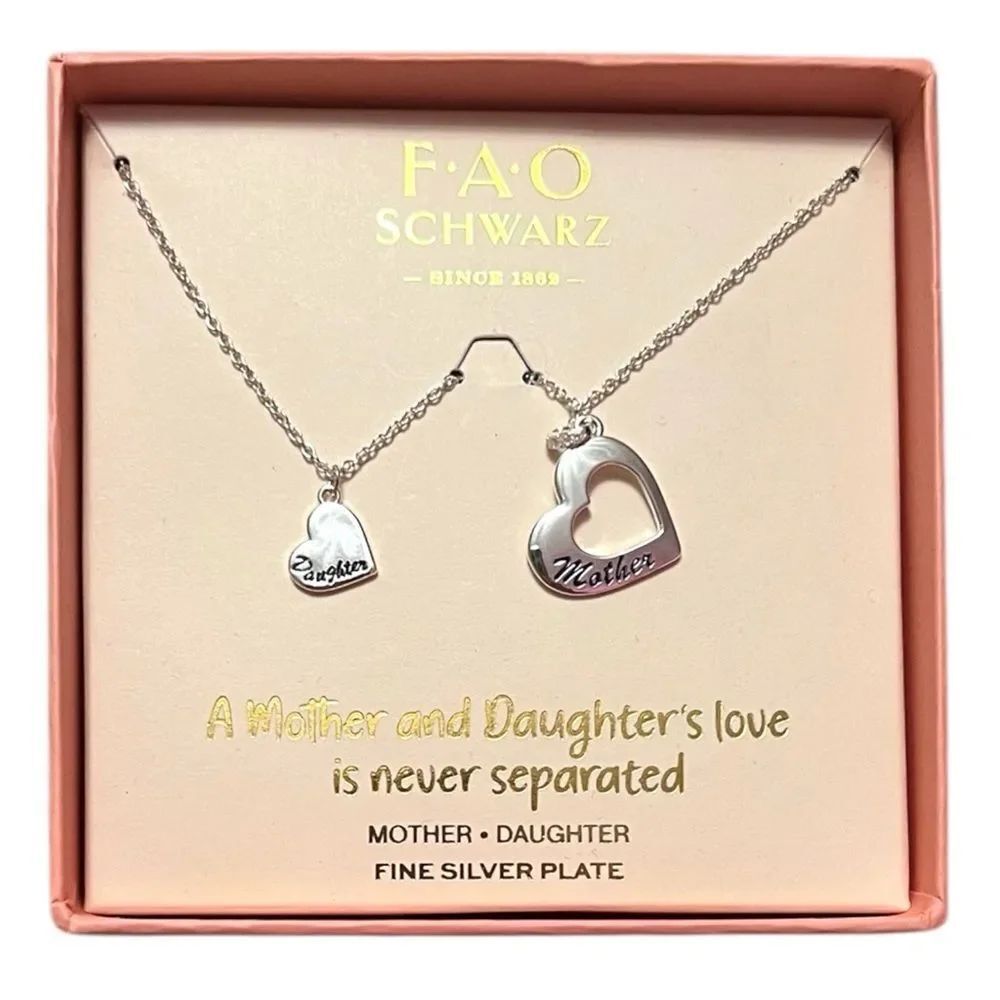 FAO Schwarz Fine Silver Plated Mother and Daughter Heart Necklace Set